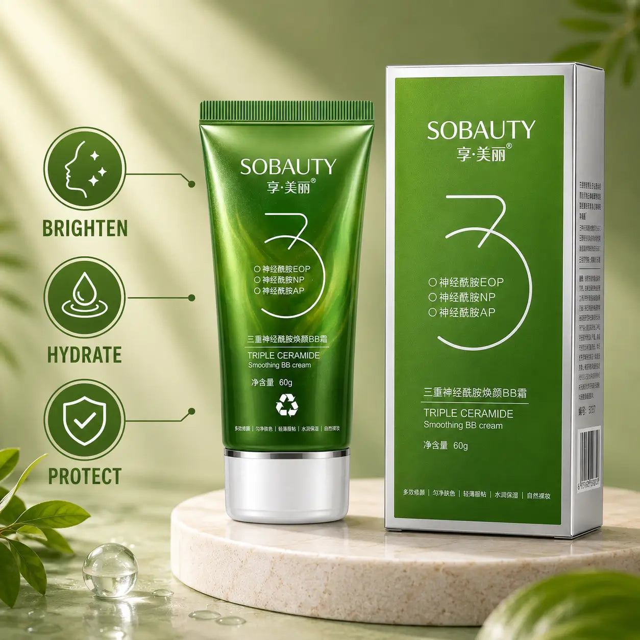 SOBAUTY Triple Ceramide Tea Face Wash tube with retail box, enriched with ceramides to cleanse, hydrate, brighten, and protect the skin.