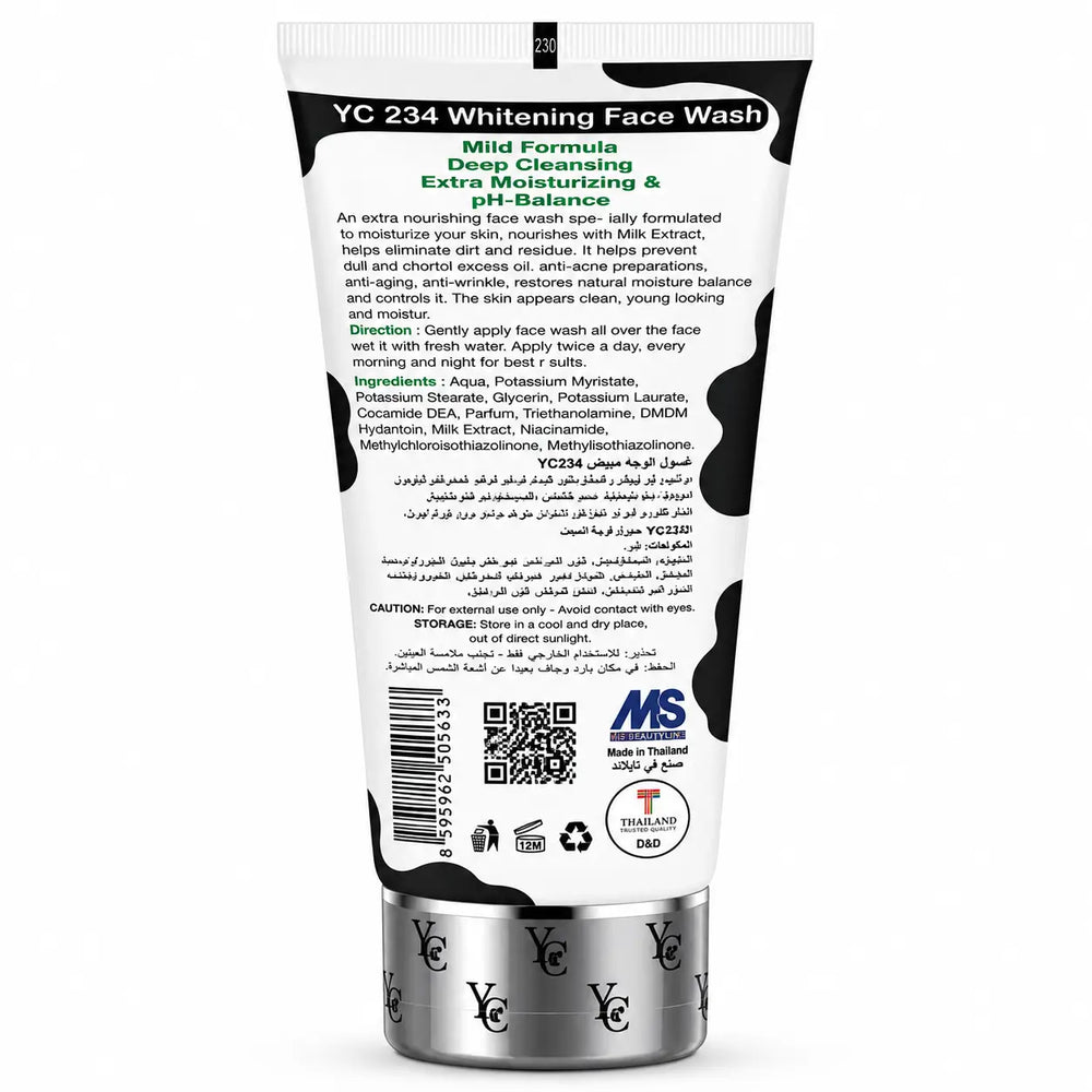 YC 234 Whitening Face Wash with Milk Extract 100ml back packaging with ingredients and product details