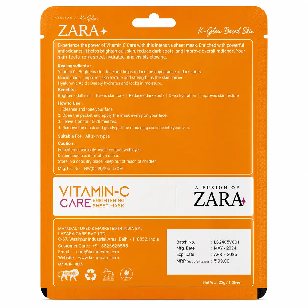 ZARA+ Vitamin C Care 6 Steps Facial Mask back packaging with ingredients and usage instructions