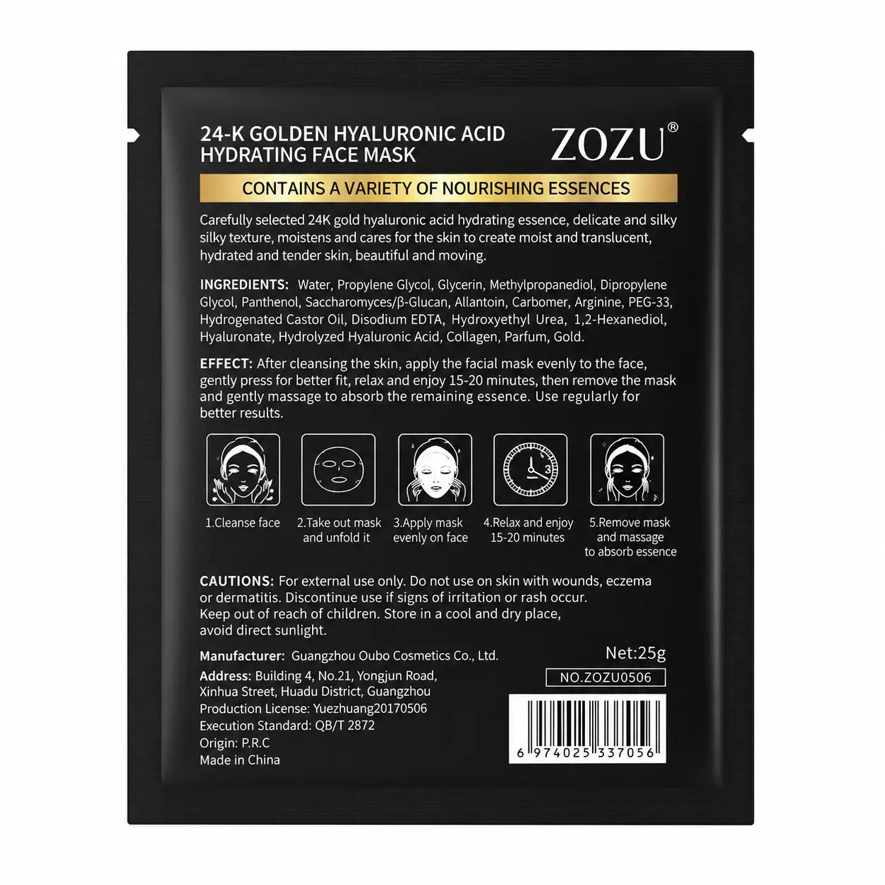 ZOZU 24K golden hyaluronic acid hydrating face mask product details